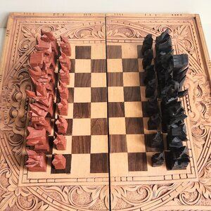Hand-carved Balinese Wood Chess Set w/ Box Board 17.8"